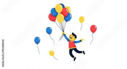 Happy Child Flying With Many Colorful Balloons