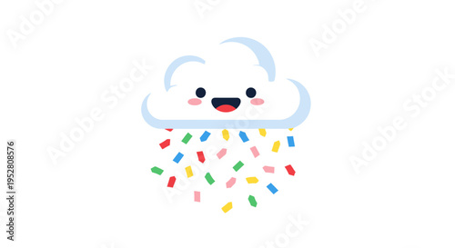Happy Cloud Raining Colorful Confetti - Cute Kawaii Style Illustration