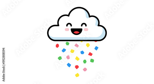 Happy Cloud Raining Confetti, Cute Cartoon Weather Illustration