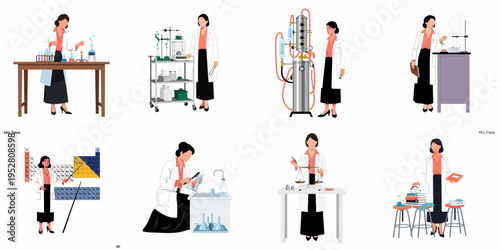Flat design collection of a female scientist character performing various laboratory experiments, research tasks, and educational activities on a white background.