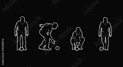 Cad drawing flat vector illustration, silhouette sequence of man playing bocce ball showing step by step throwing technique motiont