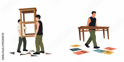 Illustration of students and volunteers carrying wooden tables for a school event setup