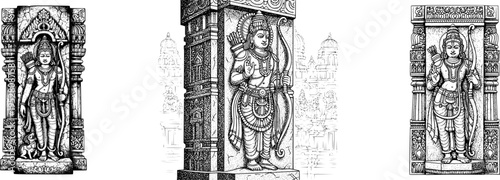 Bundle of hand-drawn vector stone reliefs featuring Lord Rama. Perfect for Ayodhya Ram Mandir prints, Hindu festival posters, and scalable commercial tracing projects