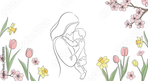 Delicate line art illustration portrays a mother tenderly holding her infant surrounded by spring blossoms and flowers