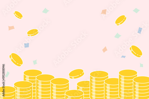 山積みのコインと紙吹雪の背景イラスト (お友達紹介や期間限定キャンペーン用バナーデザイン) ベクター