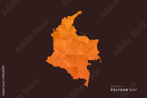 Colombia Map - low poly polygon vector, geometric triangulated silhouette in orange and dark brown tones, clean modern infographic style, isolated background.