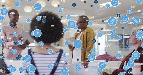 Animation of network of connections with icons over man and dentist working in warehouse
