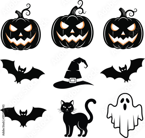 Halloween icons including jack o lanterns bats witch hat black cat and ghost