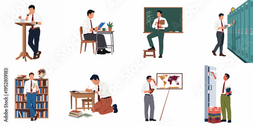 Set of flat vector illustrations featuring a male teacher engaged in various activities like lecturing, reading, and organizing in a classroom environment.