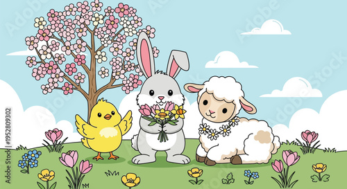 Adorable cartoon bunny, chick, and lamb celebrating spring season outdoors near a blossoming tree