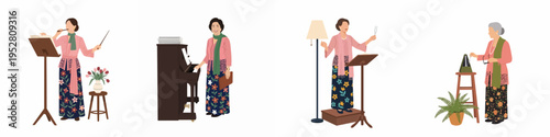 Illustration set of an elegant elderly Asian woman in traditional kebaya engaged in musical activities like conducting, playing piano, and using a metronome.