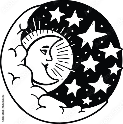 Vector illustration of smiling moon and stars at night
