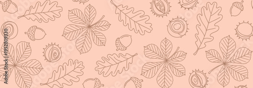 Seamless pattern with autumn leaves of oak and chestnut, acorns and chestnuts with spiny husks on a peach colored background as design element