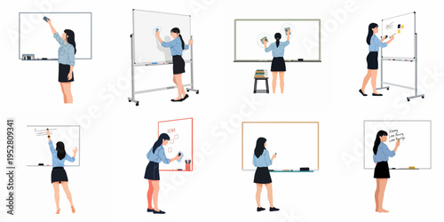 Flat vector illustration set of a woman in various poses cleaning and writing on whiteboards, perfect for education and business presentations.