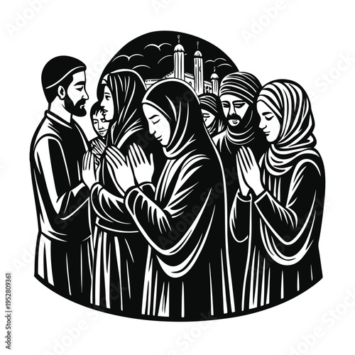Vector illustration of praying people in robes with mosque background