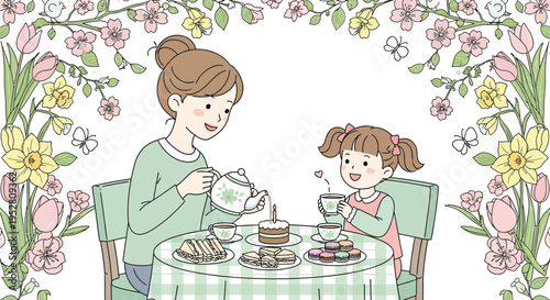 Mother and daughter share a delightful spring afternoon tea celebration surrounded by beautiful blooming flowers