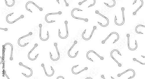 Seamless pattern with various fishing hooks on white background as design element for textiles, fabric, paper for fisherman or fishing store