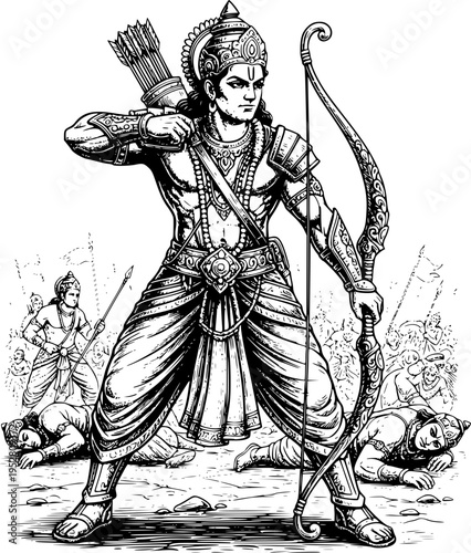 Heroic hand-drawn vector of Lord Rama with bow, depicting the victory of good over evil in the Ramayana epic. Perfect for Dussehra, Ram Navami posters, and Hindu mythological prints