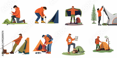 Set of illustrations featuring a man in outdoor gear setting up tents, organizing equipment, and preparing for a camping and hiking adventure.