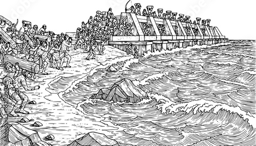 Hand-drawn vector of the Vanara army building the epic Ram Setu bridge to Lanka. Perfect for Ramayana storybooks, educational Hindu mythology prints, and traditional festival illustrations
