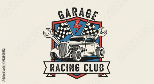 Vintage Garage Racing Club Emblem with Classic Car and Checkered Flags.