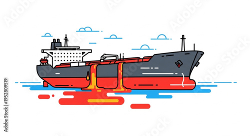 Detailed Illustration of an Oil Tanker Ship Leaking Oil into the Ocean.