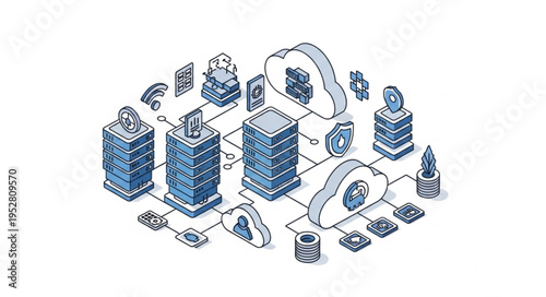 Isometric Cloud Computing Network Infrastructure Illustration.