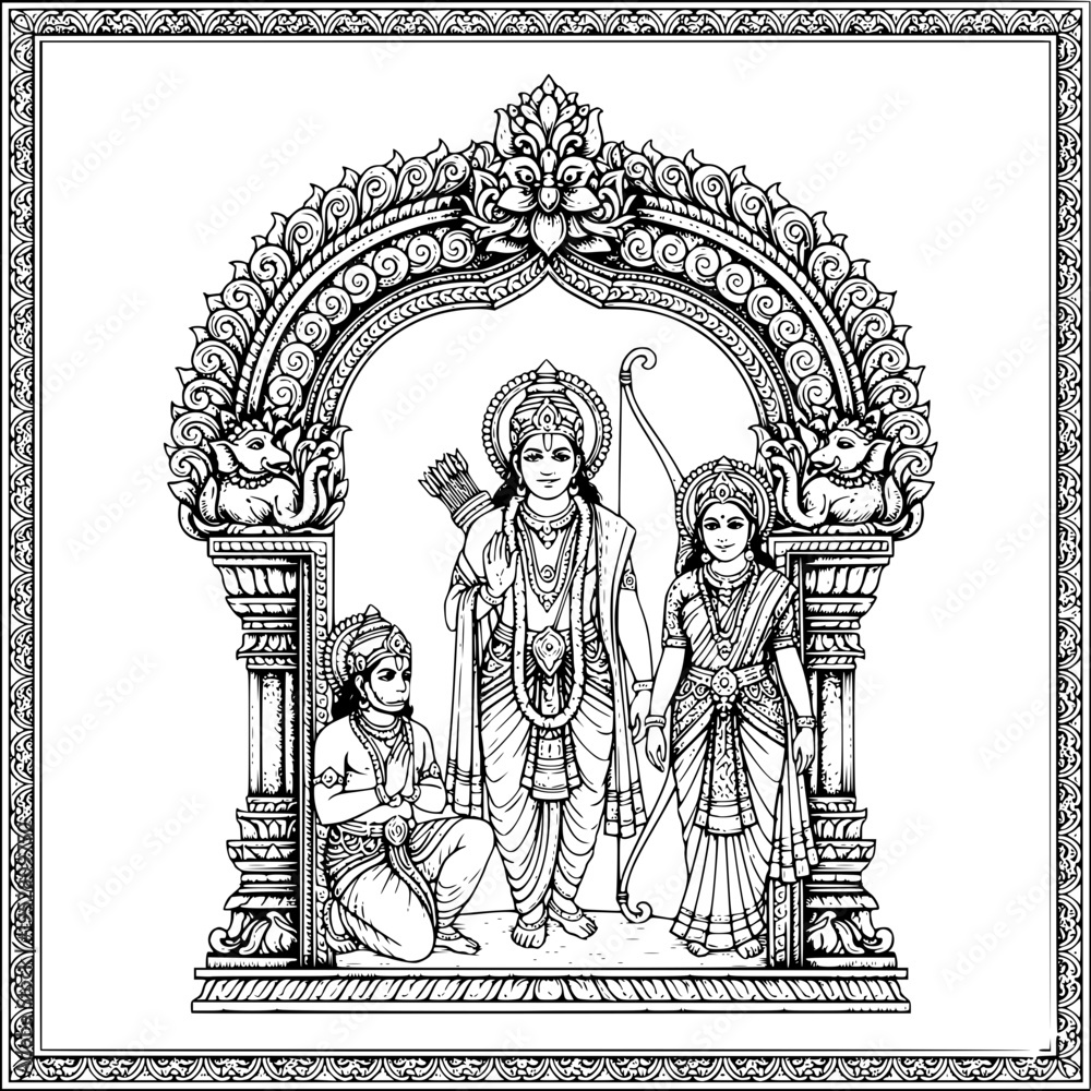 Fototapeta premium Detailed hand-drawn vector of Lord Rama, Sita, and praying Hanuman inside an ornate temple arch. Ideal for Ram Navami posters, Hindu wedding invitations, and scalable commercial tracing