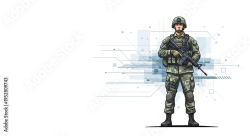 Illustration of a Soldier in Full Combat Gear Standing at Attention.