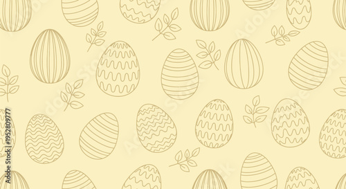 Easter seamless pattern with outline eggs and leaves on pastel background, festive spring holiday celebration design, natural doodle elements for decoration and textiles