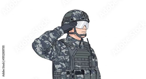 Soldier in camouflage uniform saluting with respect and honor.
