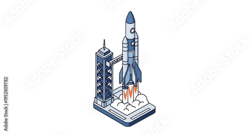 Isometric Rocket Launch Illustration - Space Exploration and Technological Advancement.