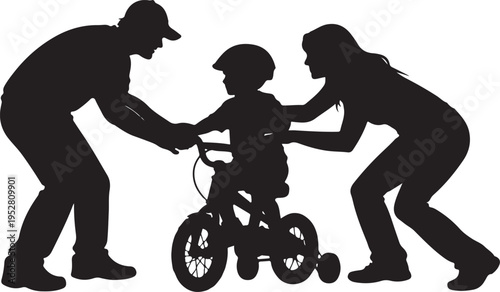 Silhouette of parents teaching a young child to ride a bicycle with training wheels outdoors