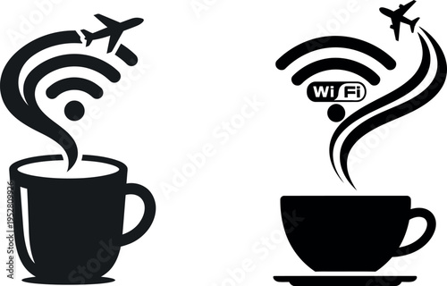 Airplane and wifi symbols rising from coffee cups in contrasting styles