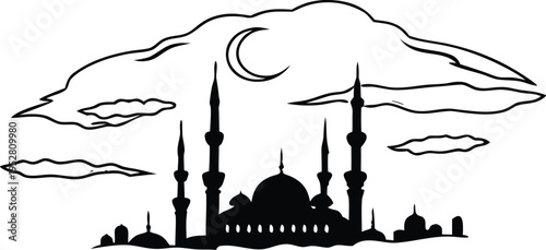Vector mosque silhouette with crescent moon and clouds