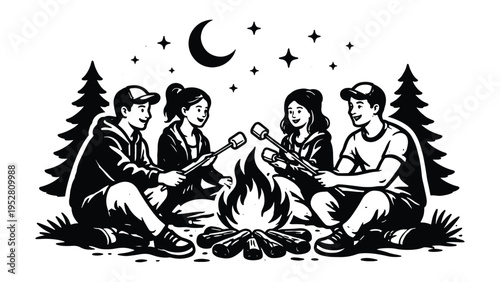 Friends Camping Around Campfire – Night Outdoor Adventure Line Art Illustration