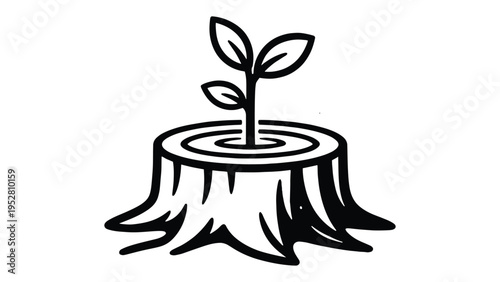 Tree Stump with Growing Plant Icon – Nature Regrowth and Sustainability Line Art Illustration