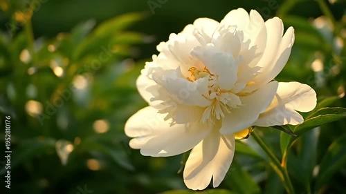 White Peony Flower Closeup in Garden.