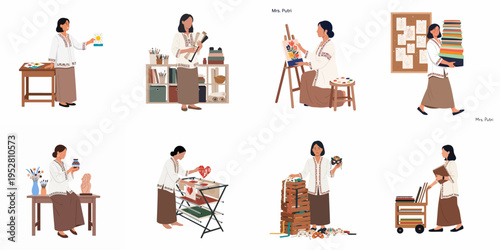 Illustrations of a creative Indonesian woman engaged in various artistic activities like painting, pottery, textile design, and crafting in traditional attire.