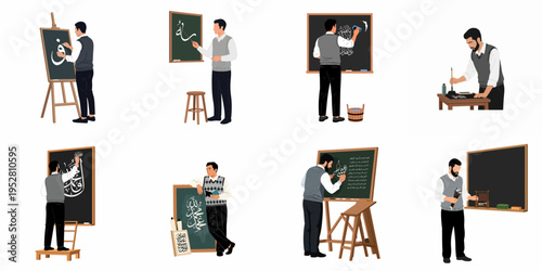 Set of vector illustrations featuring a male artist and teacher practicing and teaching the art of Arabic calligraphy on various surfaces.