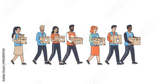 Diverse volunteers carrying donation boxes, community support and charity concept