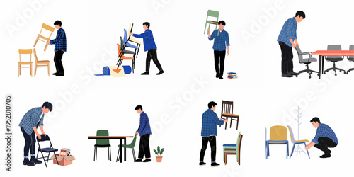 Set of flat illustrations showing a young man in a plaid shirt arranging, stacking, and moving various chairs in different office or room settings.