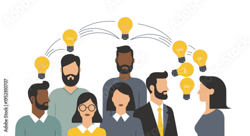 Diverse team brainstorming ideas, light bulbs connect people, innovation concept