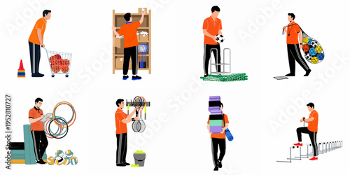 Set of illustrations showing a male coach or physical education teacher managing and organizing various sports equipment for school, training, or fitness.