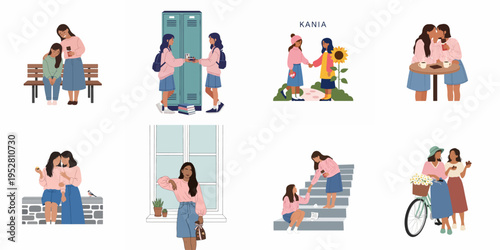 Vector illustrations of female characters in everyday life situations, featuring themes of friendship, support, love, and sharing chocolate.