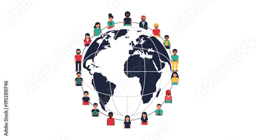 Diverse people circle the globe, representing global unity and connection