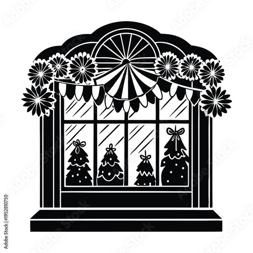 Black and white vector illustration of a decorated shop window with Christmas trees and presents