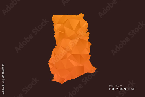 Ghana Map - low poly polygon vector, geometric triangulated silhouette in orange and dark brown tones, clean modern infographic style, isolated background.