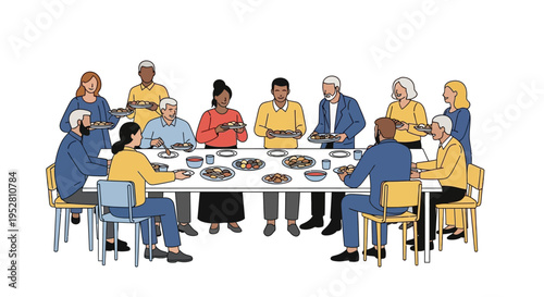Diverse group of people enjoying a communal meal together, illustration