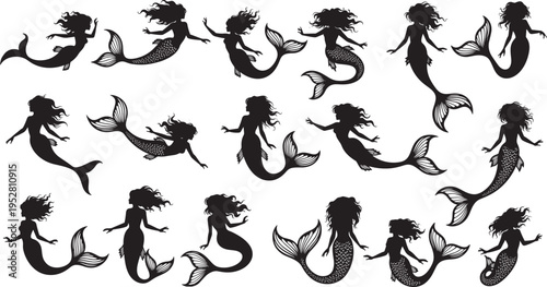 Set of mermaid silhouettes, mythical sea creatures with flowing hair and elegant tails, graceful underwater ocean fantasy vector illustrations for design projects, isolated icons.